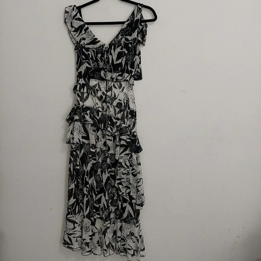 Dark Pink Deconstructed Midi Tea Dress Black White Layered Ruffled Sz US 2 /UK 6